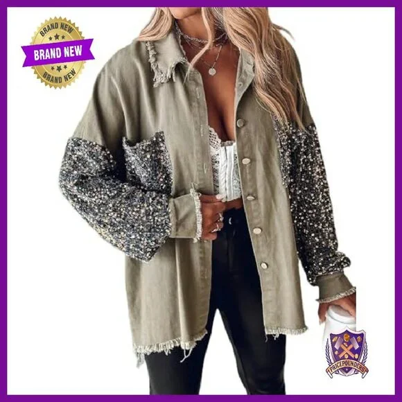 Oversized Denim Shacket with Sequin Patchwork Long Sleeves - Picture 2 of 8